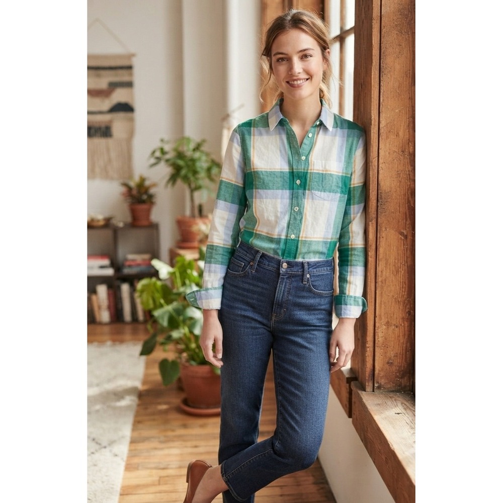 J.Crew Womens Green Blue Plaid Button Down Shirt 100% Cotton Size S